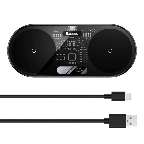 Baseus WXSX010101 LED Display 2in1 Bezdrôtová Nabíjačka 20W (s USB-C Káblom 1m Black) Black