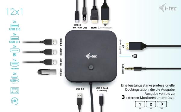 i-tec USB-C HDMI + Dual DP Docking Station, Power Delivery 100W 