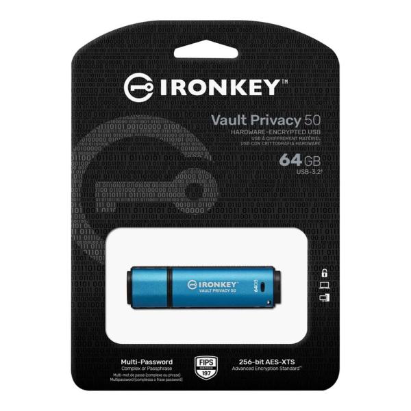 Kingston IronKey Vault Privacy 50/ 64GB/ USB 3.2/ USB-A/ Modrá 