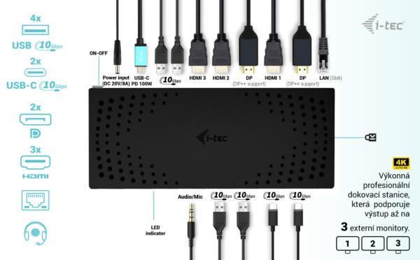 i-tec USB 3.0 / USB-C / Thunderbolt, 3x 4K Docking Station Gen 2, Power Delivery 100W 