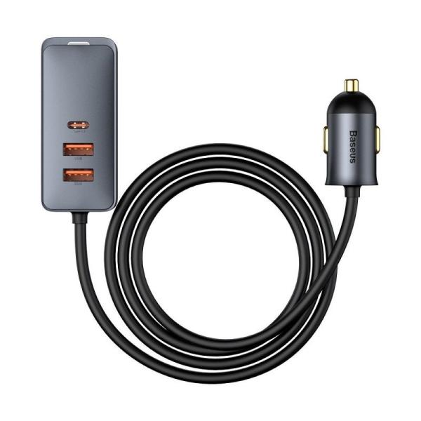 Baseus CCBT-A0G Rychlá Nabíječka do Auta s Prodlužovacím Kabelem 120W 3x USB +1xUSB-C Gray 