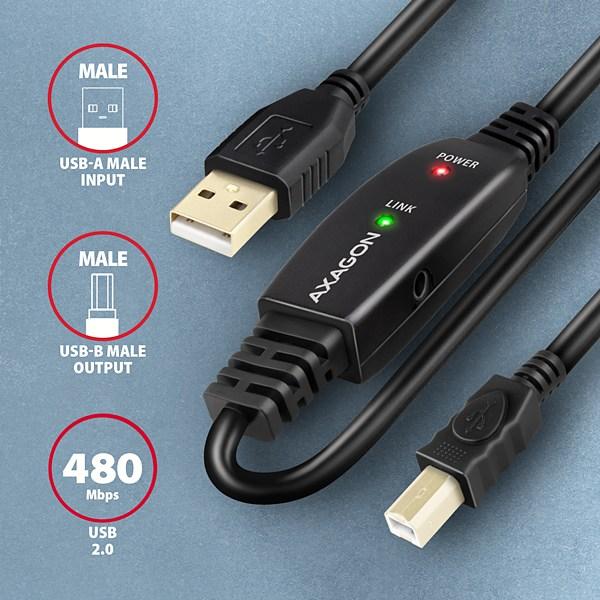 AXAGON ADR-220B, USB 2.0 A-M -> B-M aktívny prepojovací / repeater kábel, 20m 