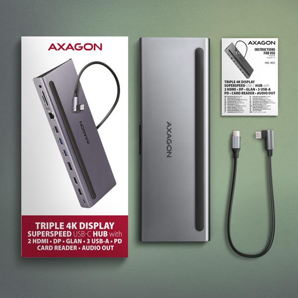 AXAGON HMC-4KX3 USB 5Gbps hub, 3x USB-A, 2x HDMI, DP, RJ-45, SD/ microSD, audio, PD 100W, kábel 40cm 