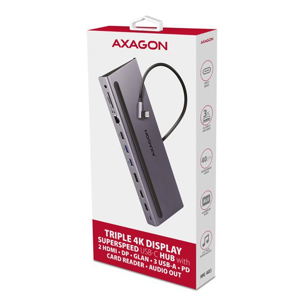 AXAGON HMC-4KX3 USB 5Gbps hub, 3x USB-A, 2x HDMI, DP, RJ-45, SD/ microSD, audio, PD 100W, kábel 40cm 
