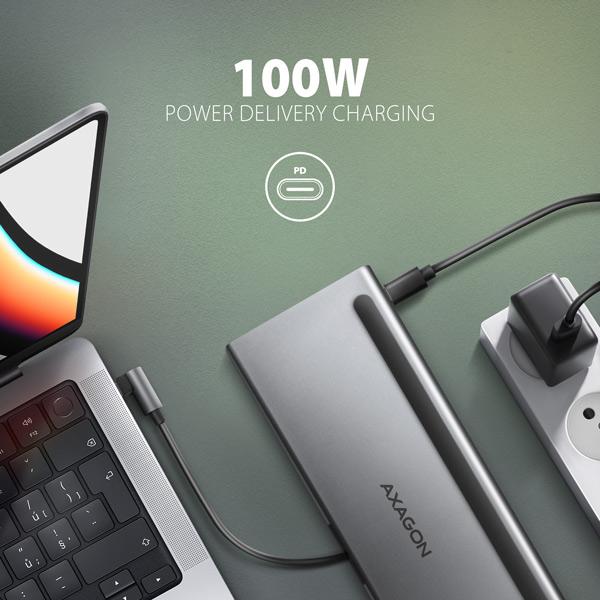 AXAGON HMC-4KX3 USB 5Gbps hub, 3x USB-A, 2x HDMI, DP, RJ-45, SD/ microSD, audio, PD 100W, kábel 40cm 