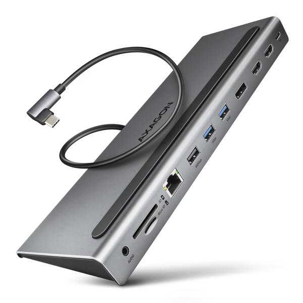 AXAGON HMC-4KX3 USB 5Gbps húb, 3x USB-A, 2x HDMI, DP, RJ-45, SD/ microSD, audio, PD 100W, kábel 40cm
