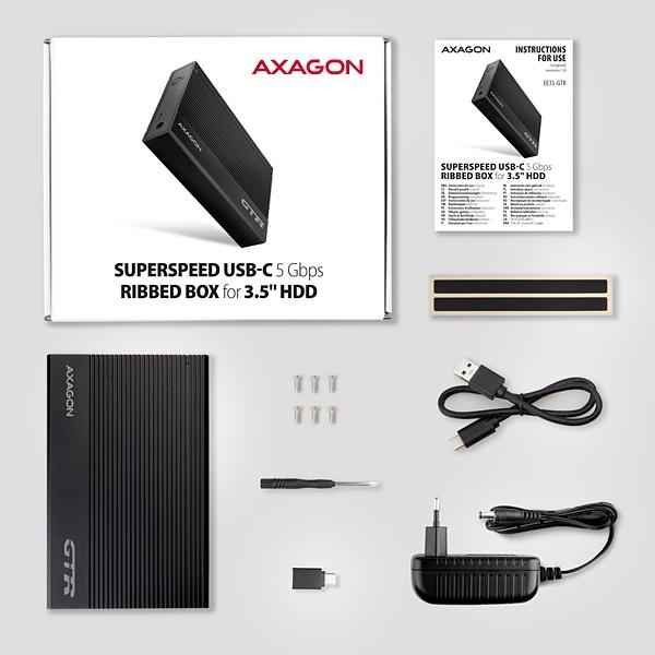 AXAGON EE35-GTR, USB-C 5Gbps - SATA 6G 3.5" RIBBED box, čierny 