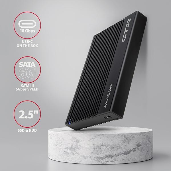 AXAGON EE25-GTR, USB-C 10Gbps - SATA 6G 2.5" RIBBED box, černý 