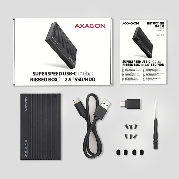 AXAGON EE25-GTR, USB-C 10Gbps - SATA 6G 2.5" RIBBED box, čierny 