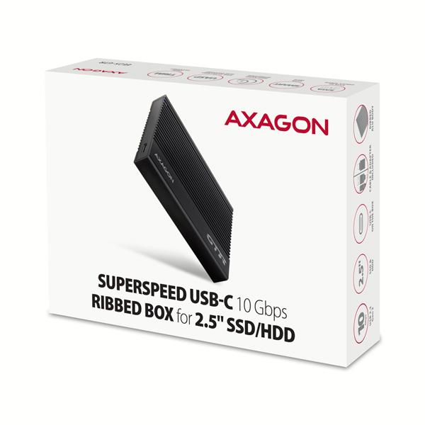 AXAGON EE25-GTR, USB-C 10Gbps - SATA 6G 2.5" RIBBED box, čierny 
