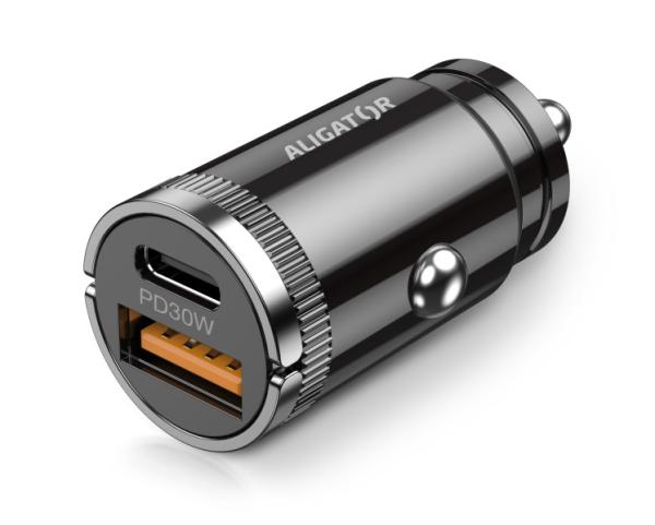 Aligator mini nabíjačka do auta Power Delivery 30W, USB-C + USB-A, USB-C/ USB-C kábel 
