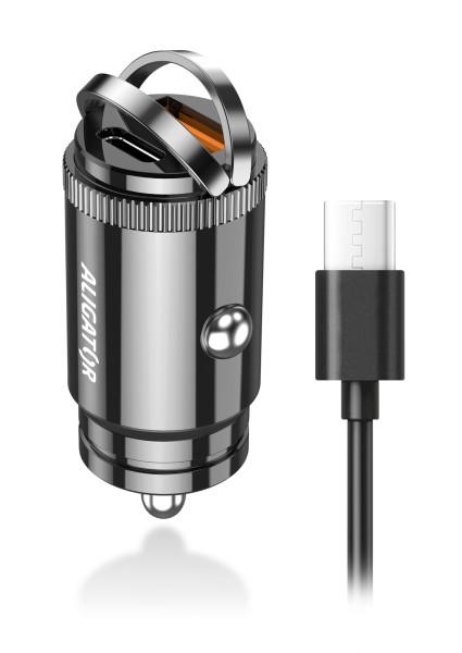 Aligator mini nabíjačka do auta Power Delivery 30W, USB-C + USB-A, USB-C/ USB-C kábel 