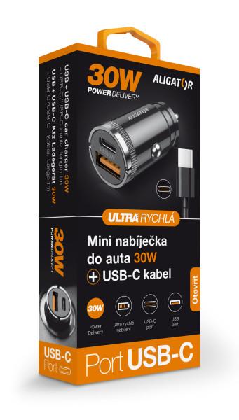 Aligator mini nabíjačka do auta Power Delivery 30W, USB-C + USB-A, USB-C/ USB-C kábel 