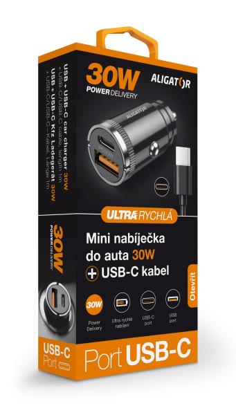 Aligator mini nabíječka do auta Power Delivery 30W, USB-C + USB-A, USB-C/ USB-C kabel 