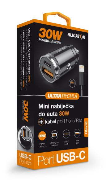 Aligator mini nabíječka do auta Power Delivery 30W, USB-C + USB-A, USB-C kabel pro iPhone/ iPad 