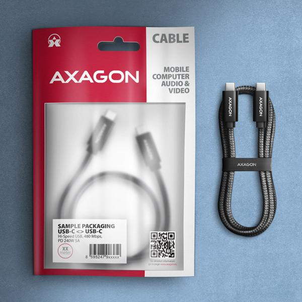 AXAGON BUCM2-CM20AB, CHARGE kábel USB-C <-> USB-C, 2m, Hi-Speed USB, PD 240W 5A, ALU, oplet, čierny 