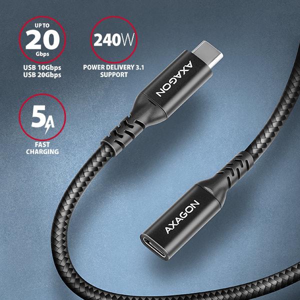AXAGON BUCM32-CF10AB predlžovací kábel USB-C (M) <-> USB-C (F), 1m, USB 20Gbps, PD 240W, ALU, oplet 
