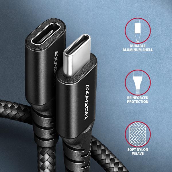 AXAGON BUCM32-CF10AB predlžovací kábel USB-C (M) <-> USB-C (F), 1m, USB 20Gbps, PD 240W, ALU, oplet 
