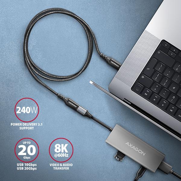 AXAGON BUCM32-CF10AB predlžovací kábel USB-C (M) <-> USB-C (F), 1m, USB 20Gbps, PD 240W, ALU, oplet 