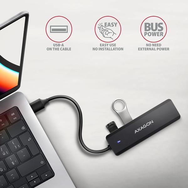AXAGON HUE-C1A, 4x USB 5Gbps TRAVEL hub, USB-C napájací konektor, kábel USB-A 19cm 