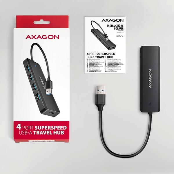 AXAGON HUE-C1A, 4x USB 5Gbps TRAVEL hub, USB-C napájací konektor, kábel USB-A 19cm 