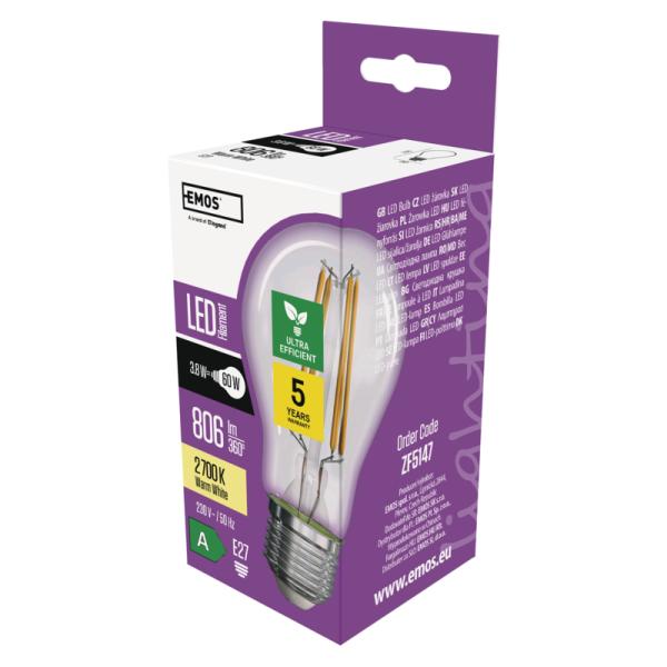 LED žárovka A60/ E27/ 3, 8W/ 60W/ 806lm/ teplá bílá