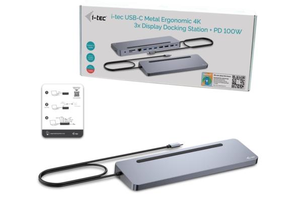 i-tec USB-C Metal Ergonomic 3x 4K Display Docking Station, Power Delivery 100 W 