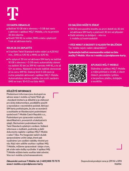 T-mobile Predplatená karta 15GB 