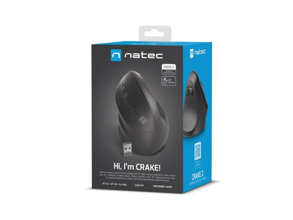 Natec CRAKE 2/ Kancelářská/ Optická/ Pro leváky/ 2 400 DPI/ Bezdrátová USB + Bluetooth/ Černá 