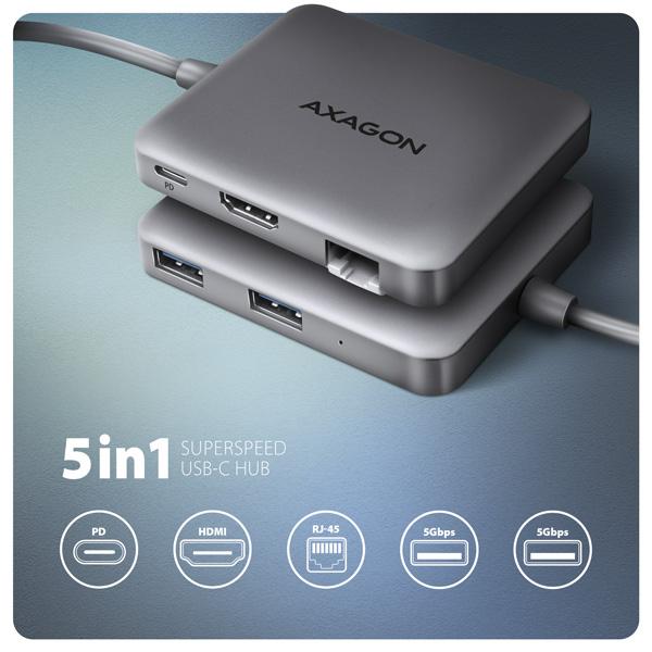AXAGON HMC-5HL, USB 5Gbps hub, 2x USB-A, HDMI 4k/ 60Hz, RJ-45 GLAN, PD 100W, kábel USB-C 20cm 