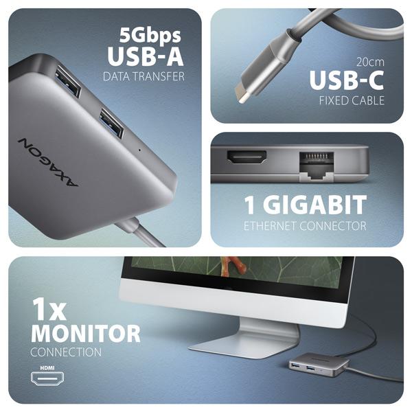AXAGON HMC-5HL, USB 5Gbps hub, 2x USB-A, HDMI 4k/ 60Hz, RJ-45 GLAN, PD 100W, kábel USB-C 20cm 