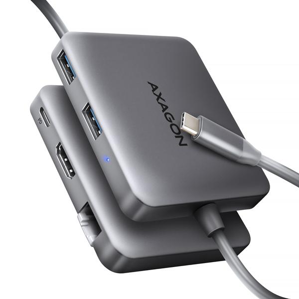 AXAGON HMC-5HL, USB 5Gbps hub, 2x USB-A, HDMI 4k/ 60Hz, RJ-45 GLAN, PD 100W, kábel USB-C 20cm