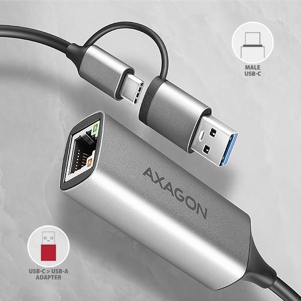 AXAGON ADE-TXCA, USB-C + USB-A 3.2 Gen 1 - Gigabit Ethernet sieťová karta, Asix AX88179, auto inštal 