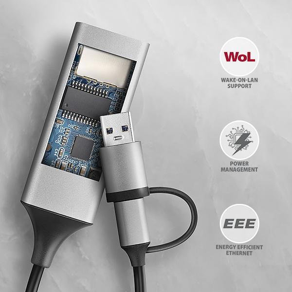 AXAGON ADE-TXCA, USB-C + USB-A 3.2 Gen 1 - Gigabit Ethernet sieťová karta, Asix AX88179, auto inštal 