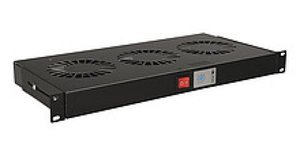 19" 1U 3 ventilátory s bimetalovým termostatem RAL černá do 19" lišt VJ19-3-T-B