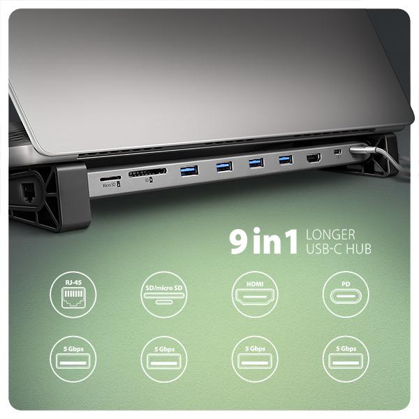 AXAGON HMC-10HLS, USB 5Gbps hub, 4x USB-A, HDMI 4k/ 60Hz, RJ-45 GLAN, SD/ mSD, PD 100W, kábel 25cm 