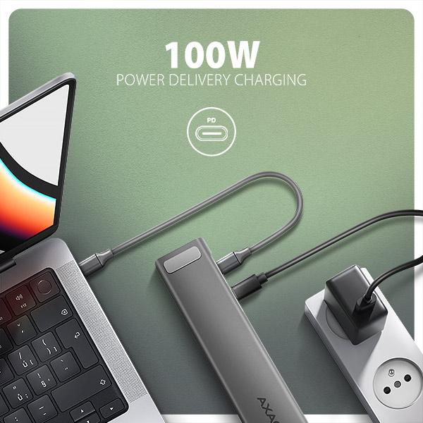 AXAGON HMC-10HLS, USB 5Gbps hub, 4x USB-A, HDMI 4k/ 60Hz, RJ-45 GLAN, SD/ mSD, PD 100W, kábel 25cm 