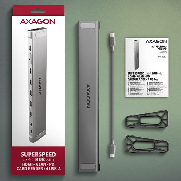 AXAGON HMC-10HLS, USB 5Gbps hub, 4x USB-A, HDMI 4k/ 60Hz, RJ-45 GLAN, SD/ mSD, PD 100W, kábel 25cm 