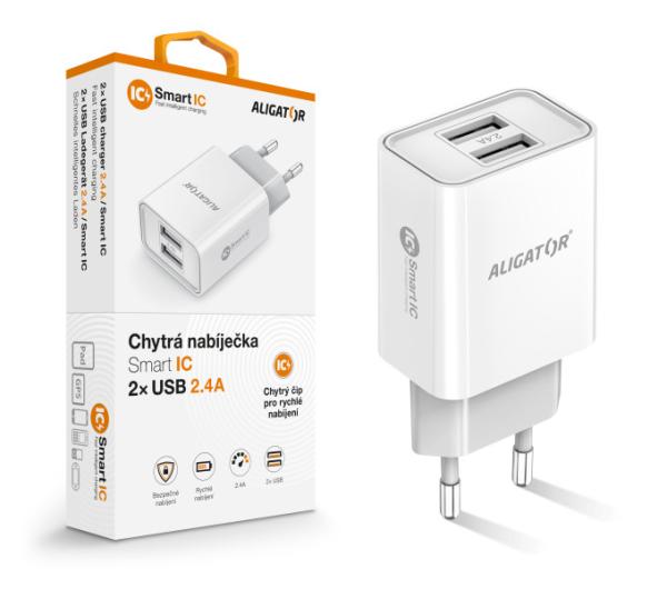 Chytrá síťová nabíječka ALIGATOR 2, 4A, 2xUSB, smart IC, bílá