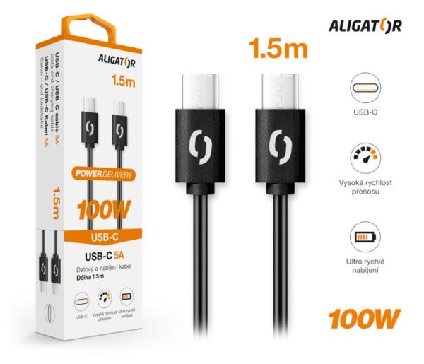 Datový kabel ALIGATOR POWER 100W, USB-C/ USB-C 5A, 1, 5m černý 