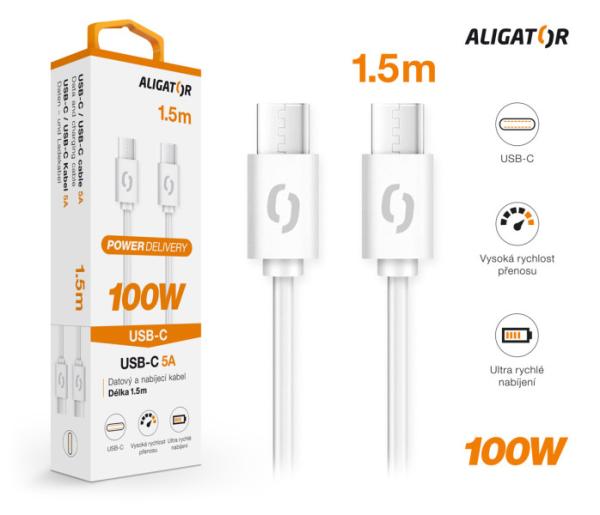 Datový kabel ALIGATOR POWER 100W, USB-C/ USB-C 5A, 1, 5m bílý 
