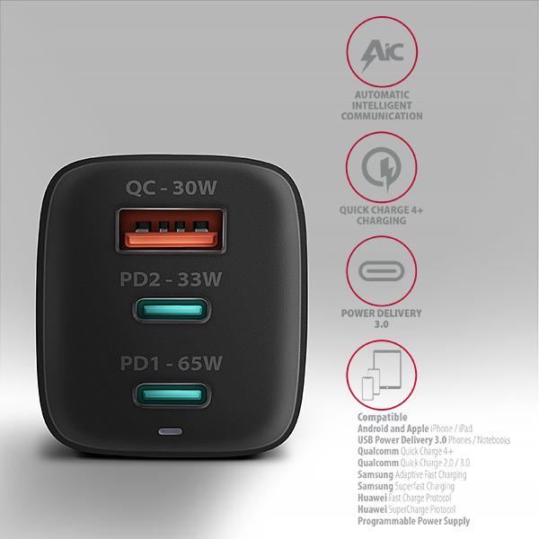AXAGON ACU-DPQ65, GaN nabíjačka do siete 65W, 3x port (USB-A + dual USB-C), PD3.0/ QC4+/ PPS/ Apple 
