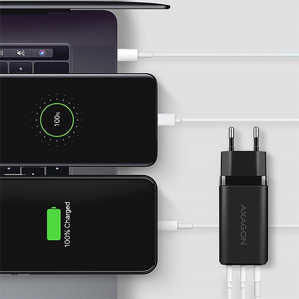 AXAGON ACU-DPQ65, GaN nabíjačka do siete 65W, 3x port (USB-A + dual USB-C), PD3.0/ QC4+/ PPS/ Apple 