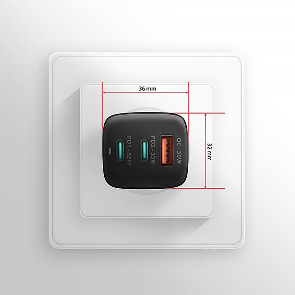 AXAGON ACU-DPQ65, GaN nabíjačka do siete 65W, 3x port (USB-A + dual USB-C), PD3.0/ QC4+/ PPS/ Apple 