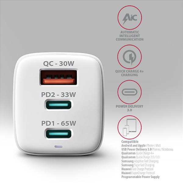 AXAGON ACU-DPQ65W, GaN nabíjačka do siete 65W, 3x port (USB-A + dual USB-C), PD3.0/ QC4+/ PPS/ Apple 