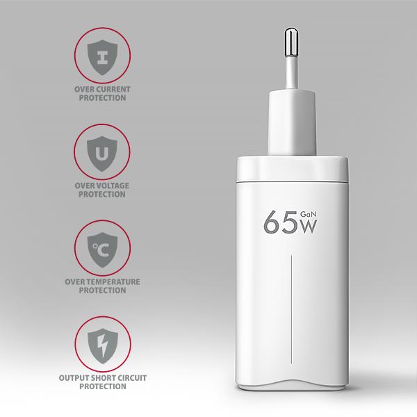AXAGON ACU-DPQ65W, GaN nabíjačka do siete 65W, 3x port (USB-A + dual USB-C), PD3.0/ QC4+/ PPS/ Apple 