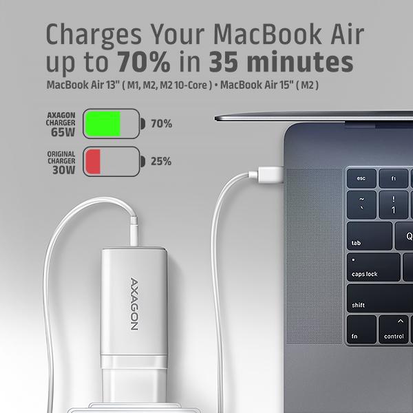 AXAGON ACU-DPQ65W, GaN nabíjačka do siete 65W, 3x port (USB-A + dual USB-C), PD3.0/ QC4+/ PPS/ Apple 