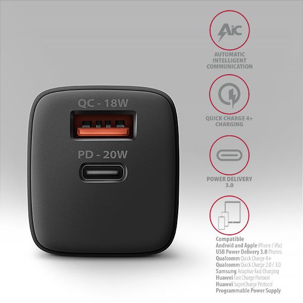 AXAGON ACU-PQ20 nabíjačka do siete 20W, 2x port (USB-A + USB-C), PD3.0/ PPS/ QC4+/ AFC/ Apple, čierna 