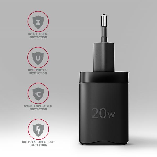 AXAGON ACU-PQ20 nabíjačka do siete 20W, 2x port (USB-A + USB-C), PD3.0/ PPS/ QC4+/ AFC/ Apple, čierna 