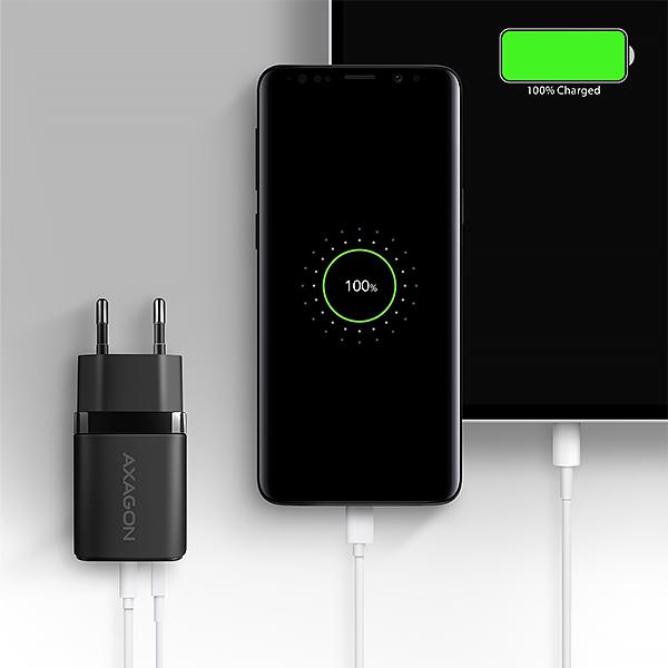 AXAGON ACU-PQ20 nabíjačka do siete 20W, 2x port (USB-A + USB-C), PD3.0/ PPS/ QC4+/ AFC/ Apple, čierna 